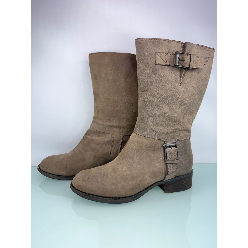 Cole Haan Moto Boots Women 9B Taupe NikeAir Harness Distressed Leather Moto Chic